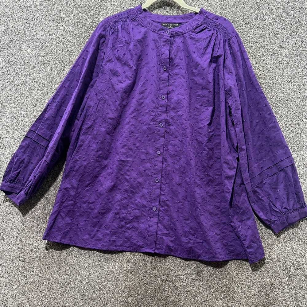 Lane Bryant Blouse Top Women 18 Purple Cotton Embroidered Dobby Button Up Office